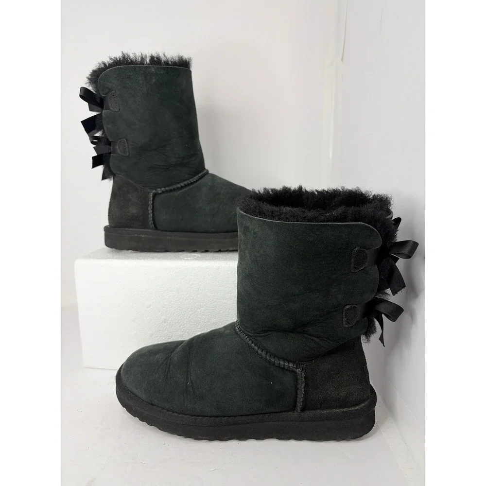 UGG Australia Bailey Bow II Black Suede Sheepskin Boots 1002954 Womens 7